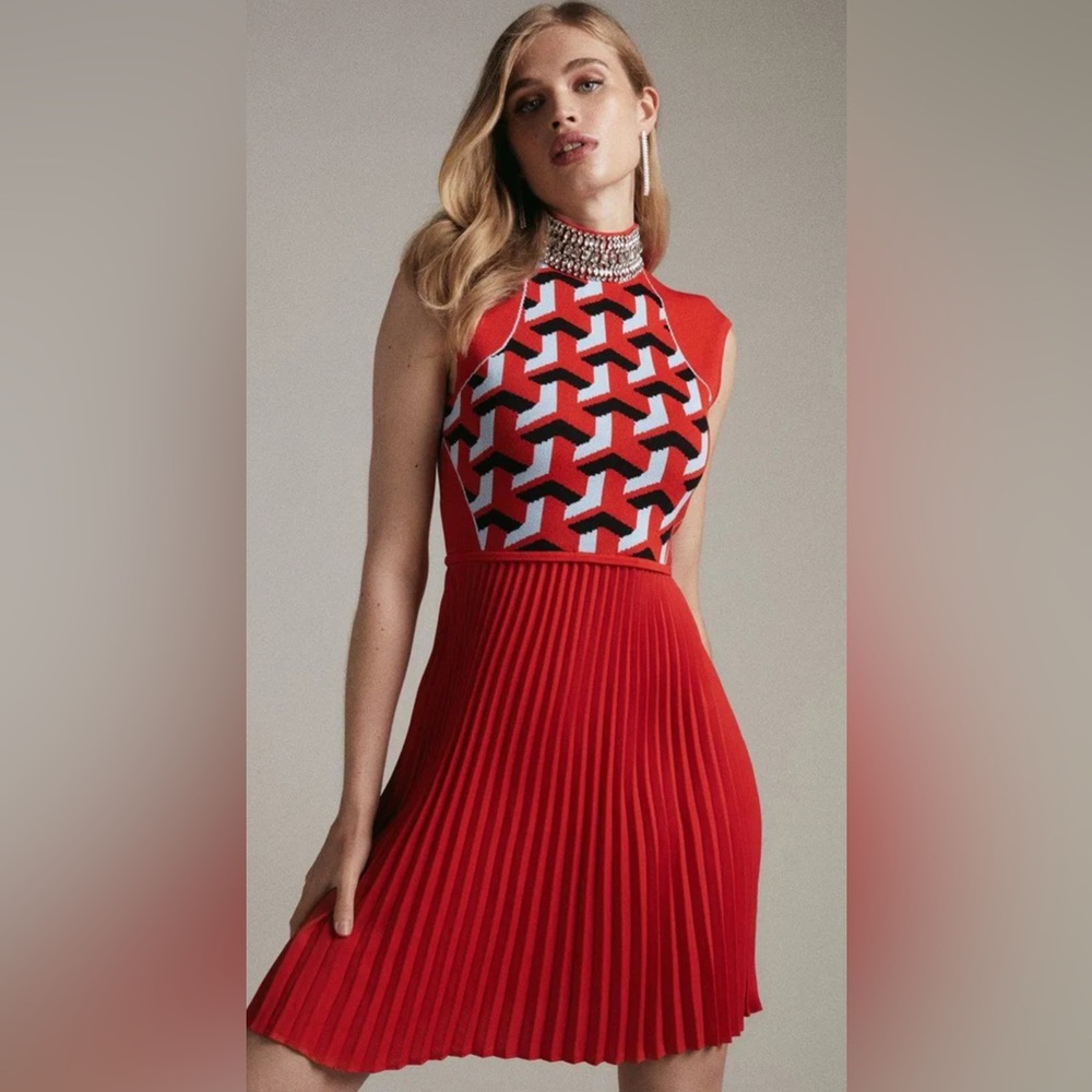 KAREN MILLEN Red Geometric Jewelled Dress